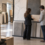 Retail professionals reviewing porcelain tile samples in a showroom