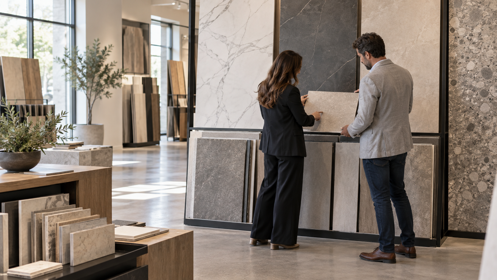 Retail professionals reviewing porcelain tile samples in a showroom
