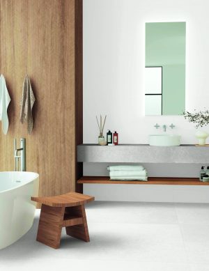 Blanco Natural 12x24 matte white wall tile in a contemporary bathroom