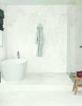 Bianco Oniciato porcelain tile installed on modern bathroom floors and walls