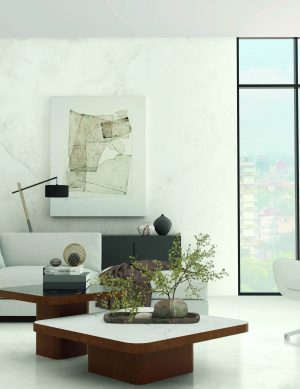 Bianco Oniciato porcelain tile installed in a bright contemporary living room