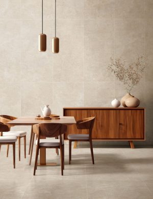 Oasi Avana stone-look porcelain tile on dining room floors and walls
