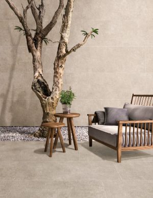 Oasi Desert porcelain tile installed on outdoor patio floors and walls