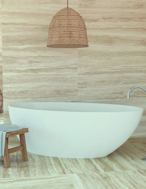 Palatinum Bone porcelain tile installed in a warm contemporary bathroom
