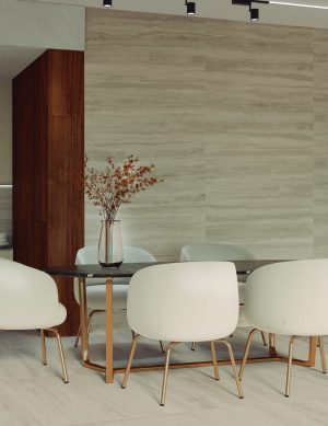 Palatinum Bone porcelain tile installed on dining room floors and walls