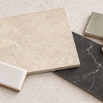 Porcelain and ceramic tile samples arranged in an asymmetrical mood board