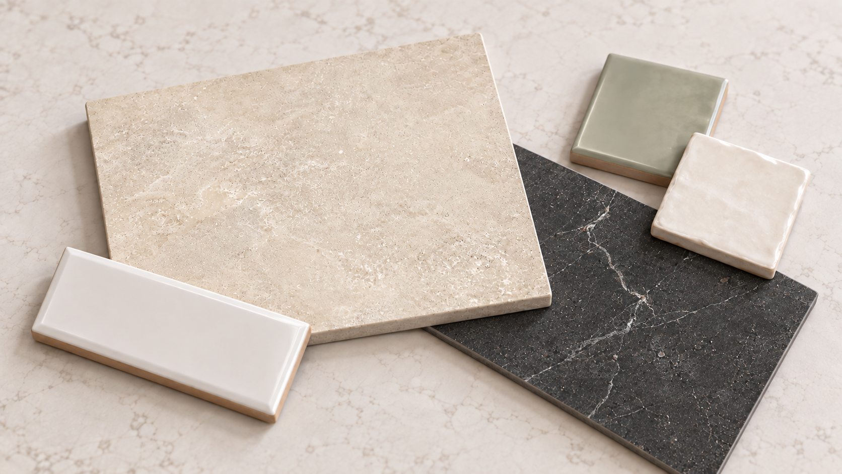 Porcelain and ceramic tile samples arranged in an asymmetrical mood board